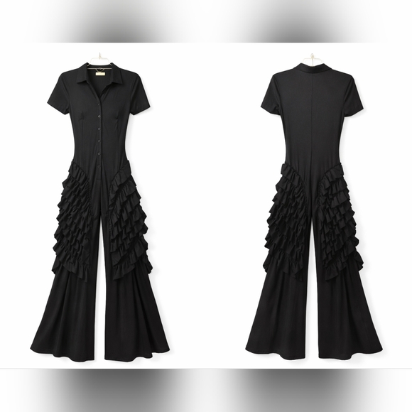 Statement Black Ruffled Wide-Leg Jumpsuit Women's Size M Party - Picture 2 of 6